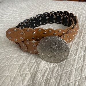 Boho western studded tan disc circle festival belt with silver buckle